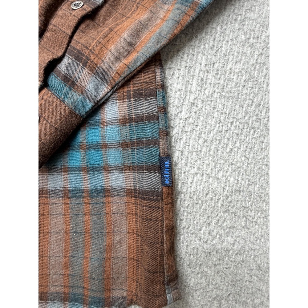 Kuhl Shirt Mens XL Brown Blue Plaid Long Sleeve Button Flannel Casual Hiking - Picture 5 of 12